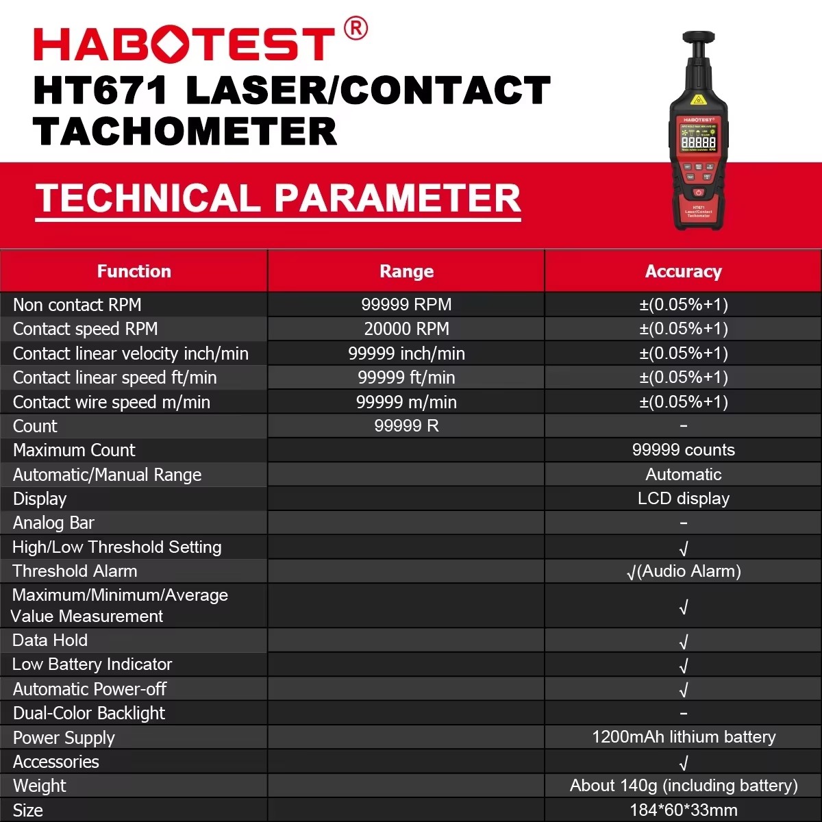 HABOTEST HT671 2-in-1 Digital  - Industrial Laser Tachometer 评论和价格